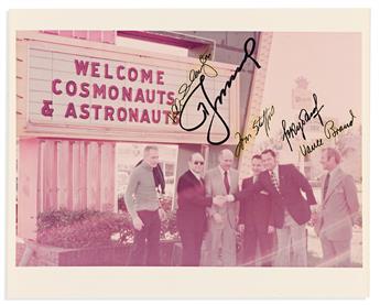 (ASTRONAUTS--APOLLO-SOYUZ.) Three items, each Signed by the entire prime crew, the cosmonauts in Cyrillic: Color Photograph * Commemora